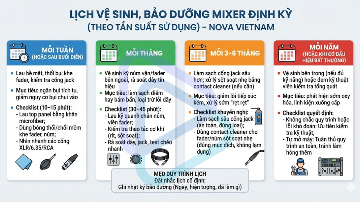 Lịch vệ sinh, bảo dưỡng mixer định kỳ (theo tần suất sử dụng)