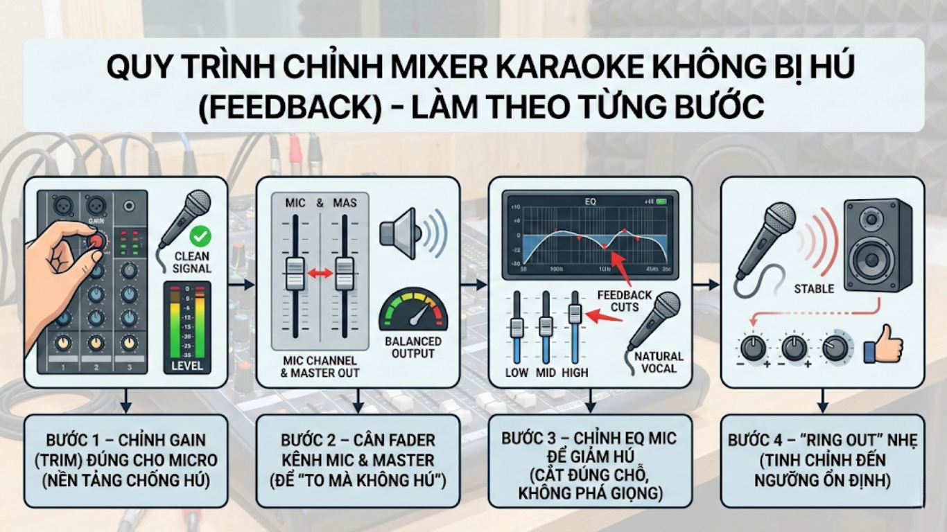 Quy trình chỉnh mixer karaoke không bị hú (Feedback)