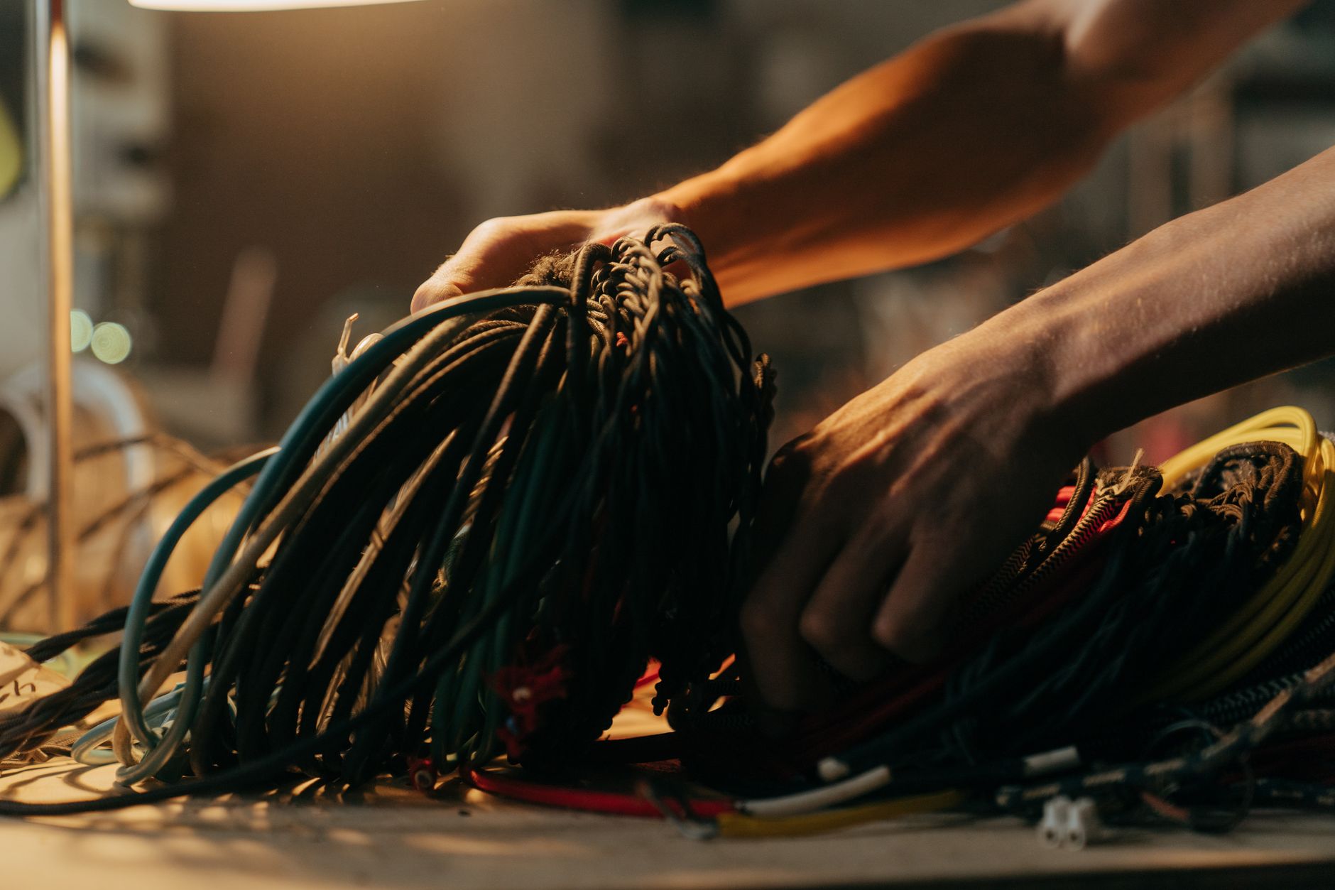 Dây tín hiệu (canon/XLR, jack 6 ly) khác nhau thế nào - Hands sorting through a variety of colorful electrical wires on a table, illuminated by soft lighting.