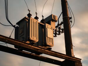 thay biến áp amply - Close-up of an electrical transformer on a utility pole against a sunset sky.