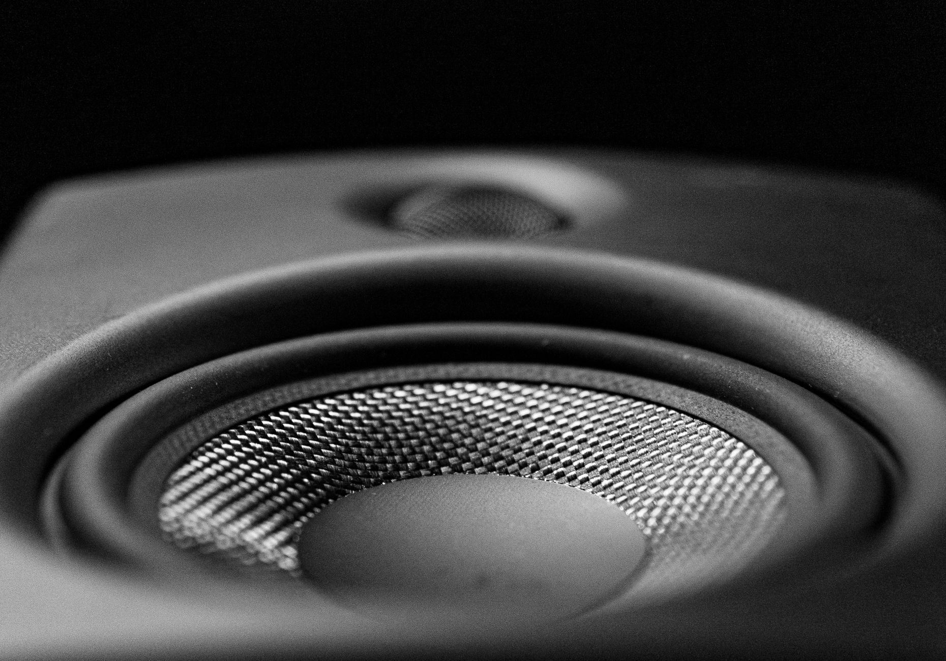 Loa Là Gì? Cấu Tạo & Nguyên Lý Hoạt Động Chi Tiết - A detailed black-and-white close-up image of a speaker, highlighting its intricate design.